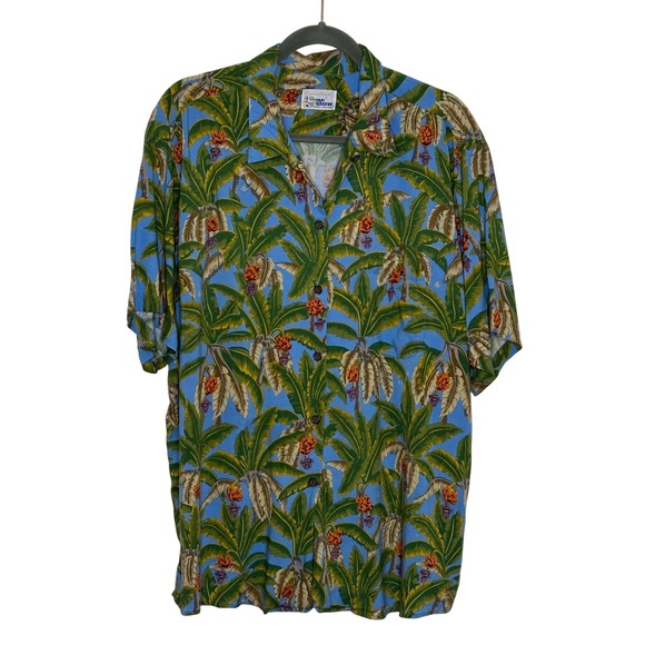 Vintage Reyn Spooner‎ Rayon Hawaiian Shirt Size XL Blue Palm Trees Beach Travel - Picture 1 of 7